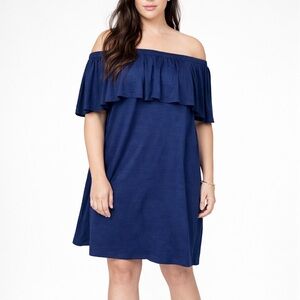 NWOT SWEET LOVELY by JEN Off Shoulder Ruffle Dress 3X Navy Blue Stretch Pockets